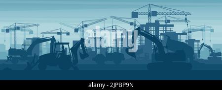 Panoramic background of heavy machinery such as excavator, backhoe, truck, soil compactor, wheel excavator, concrete trucks, hammer excavator, working Stock Vector