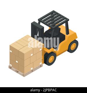 Isometric 3D forklift truck transporting boxes from warehouse. Heavy machinery used in industry Stock Vector