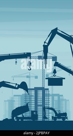 Mobile background of heavy machinery such as truck, wheel excavator, working on the construction of buildings in a city Stock Vector