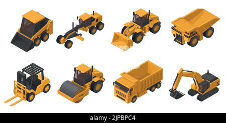 Set of 3D isometric heavy machinery used in the construction and mining industry,, front loader, dump truck, excavator, skid steer, mining truck, moto Stock Vector