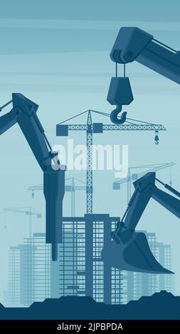 Mobile background of heavy machinery such as excavator, hammer excavator, telescopic crane, working on the construction of buildings in a city Stock Vector