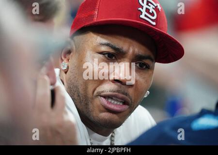 St. Louis, United States. 17th Aug, 2022. Rapper Nelly talks to fans while attending the Colorado Rockies-St. Louis Cardinals baseball game at Busch Stadium in St. Louis on Tuesday, August 16, 2022. Photo by Bill Greenblatt/UPI Credit: UPI/Alamy Live News Stock Photo