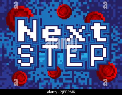 Next Step. Pixelated word with geometric graphic background. Vector cartoon illustration. Stock Vector