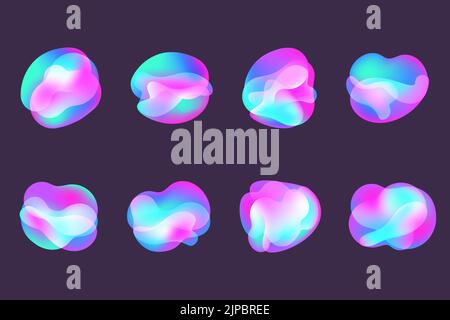 Liquid gradient shapes. Fluid abstract color backgrounds. Holographic organic 3D designs. Neon futuristic elements. Vector blend bubbles. Stock Vector