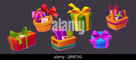 Gift hampers, boxes and baskets with envelopes, chocolate and wrapped presents for valentines, birthday, anniversary of boxing day celebration. Isolated kits for couples, Cartoon vector illustration Stock Vector