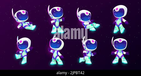 Cartoon astronaut character in starry space set. Cute spaceman floating in weightlessness, stand on one leg, show thumb up. Cosmonaut in suit and helmet, mascot, game personage Vector illustration Stock Vector
