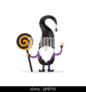 Halloween gnome. Cute scandinavian dwarf with candy. Dwarf celebrate spooky night. Happy holiday poster. Vector illustration in flat cartoon style Stock Vector