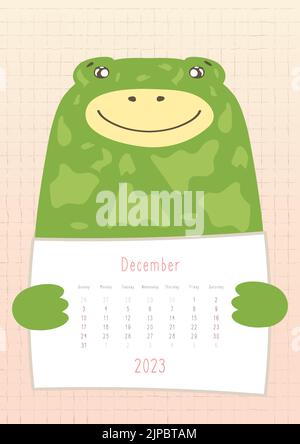 2023 december calendar, cute frog holding a monthly calendar sheet, hand drawn childish style. Stock Vector