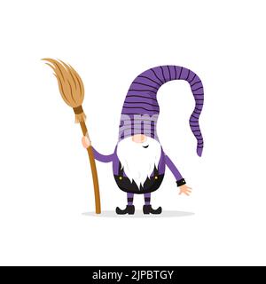 Halloween gnome. Cute scandinavian dwarf with broomstick. Dwarf celebrate spooky night. Happy holiday poster. Vector illustration in flat cartoon Stock Vector