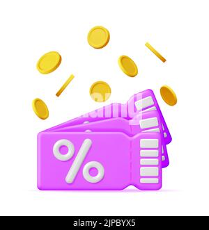 3d Coupon with Percent Symbol and Coins Stock Vector