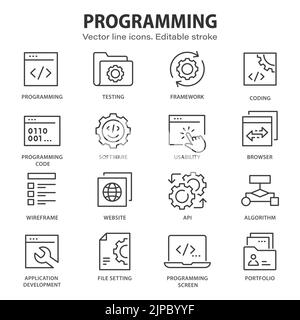 Programming line icons. Set of software, code, website, computer and more. Editable stroke. Stock Vector