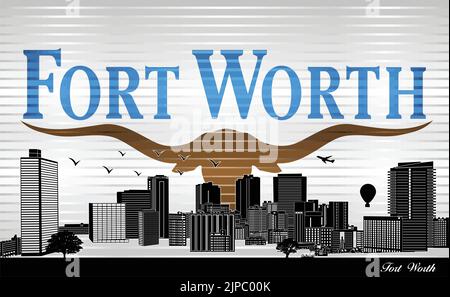 The Fort Worth city skyline with flag background - illustration,  Shiny Grunge flag of the Fort Worth Stock Vector