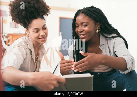 Talking, planning and collaboration of female university students working on a group project. Teamwork of young women discussing a team study strategy Stock Photo