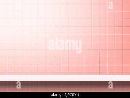 Pink tiles wall with shelf for background, modern square mosaic grid pattern for decoration architecture wall, mosaic tile wall and plank shelf, mosai Stock Vector