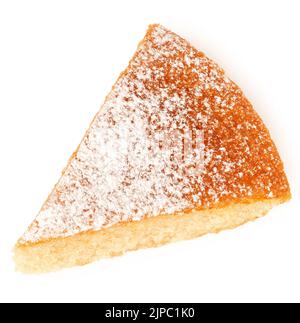 Wedge of lemon sponge cake with icing sugar topping isolated on white. Top view. Stock Photo