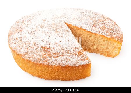 Lemon sponge cake with icing sugar topping and wedge missing isolated on white. Stock Photo