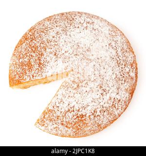 Lemon sponge cake with icing sugar topping and wedge missing isolated on white. Top view. Stock Photo