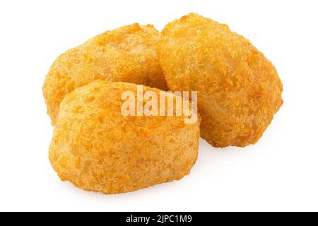 Three fried breaded chilli cheese nuggets isolated on white. Stock Photo