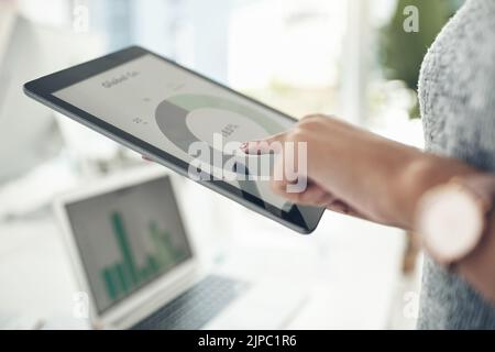 Businesswoman, investor or financial analyst analyzing business profit, data and strategy on tablet. Female banker, manager or freelancer working on Stock Photo