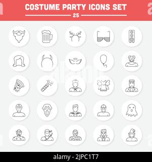 Black Line Art Set Of Costume Party Icons In Flat Style. Stock Vector