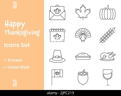 12 Thanksgiving Icons Set In Black Linear Style On White Background. Stock Vector