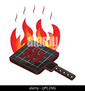 Sausage Roasted On Flaming Bbq Grill Over White Background. Stock Vector