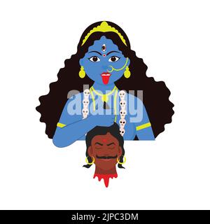 Hindu Mythology Goddess Kali Holding Demon Head On White Background. Stock Vector