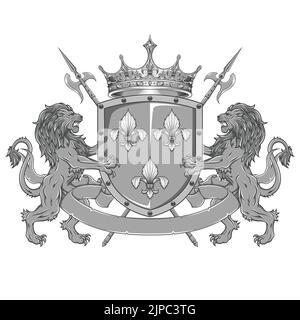 Crowned heraldic shield with three silver fleur-de-lys, flanked by two rampant lions and halberds Stock Vector