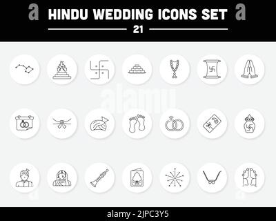 Black Line Art Set Of Hindu Wedding Icons In Round Background. Stock Vector