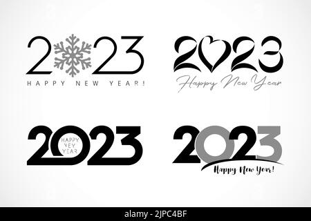 Big Set of 2023 text design with heart, snow, simple symbols. Christmas banner, digits on white background. Graphic vector design for calendar or card Stock Vector