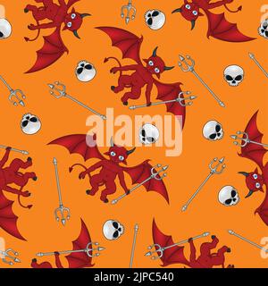 Devils pattern vector design with skull and trident, demon pattern for Halloween Stock Vector
