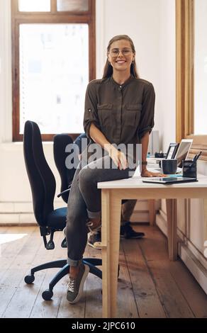 Creative startup entrepreneur and leader, motivation and inspiration for young females. Happy caucasian business woman and owner of consulting agency Stock Photo