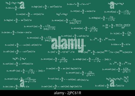Equations and formulas of logarithms, derivatives, trigonometric, logarithmic, hyperbolic and inverse on green chalkboard background Stock Vector