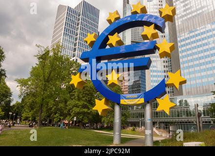 Frankfurt,Germany,May 28,2022: Downtown This is the big, famous sign for the EURO-currency. Stock Photo