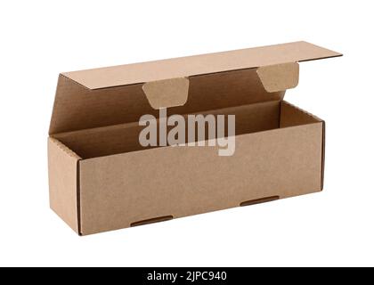 Three quarter view of single empty carton box with opened lid for packing belongings and delivery isolated on white background Stock Photo