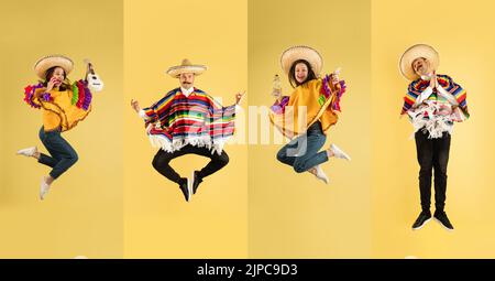 Collage. Portraits of young cheerful man and woman in mexican national clothes and sombrero jumping isolated over yellow background Stock Photo