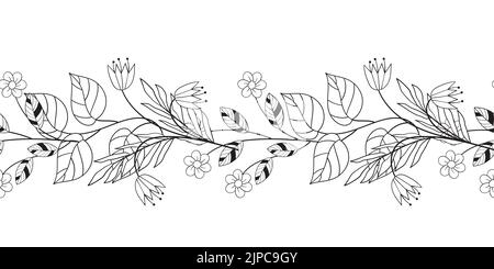 Vintage rustic seamless pattern border with floral motif. Flowers black and white line illustration. Bell flower and daisy with leaves Stock Vector