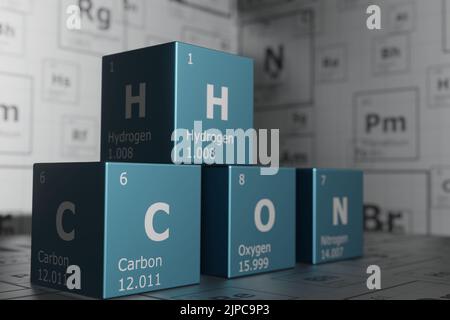 3D rendering of the elements of the periodic table, carbon, hydrogen, oxygen and nitrogen, science and engineering background. 3D illustration Stock Photo