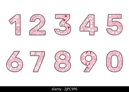 Collection with numbers floral design. Vintage nature typography set with romantic bloom design. Botanical rustic isolated vector illustration Stock Vector