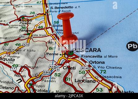 A location of Pescara city pinned on a map of Italy Stock Photo