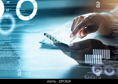 Closeup software developer hands working on phone, typing program code. Digital future SSL language with genius information technology support Stock Photo