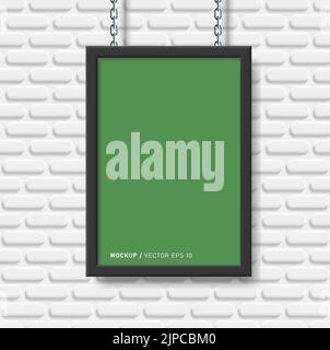 3d realistic poster mockup, black frame hanging on chains on white brick wall Stock Vector
