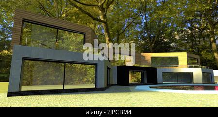 The concept of a building of an unusual design. Sharp corner. Wall decoration concrete and facade board. Wonderful day in the autumn park. 3d render. Stock Photo
