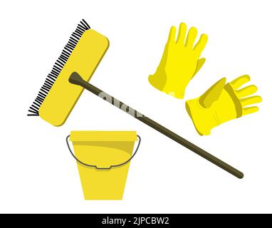 Yellow home cleaning set: mop, bucket and rubber gloves Stock Vector