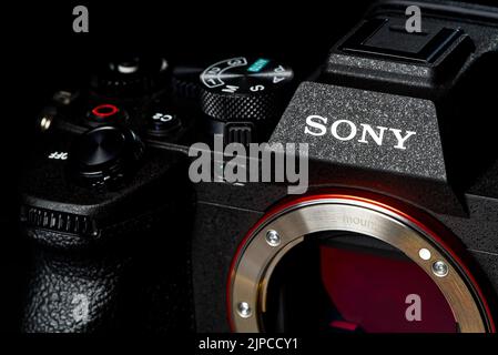 Tallinn, Estonia, May 2022. Sony Alpha 7 mark 4. Sony a7m4 Dark background. The best mirrorless cameras. Stock Photo