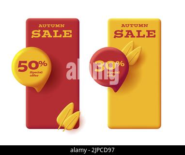 Red and yellow volume sale labels with autumn leaves and price bubble  Stock Vector