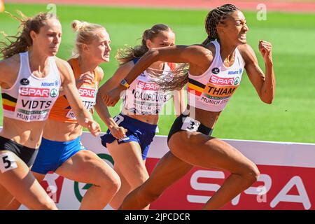 Munich, Germany. 17th Aug, 2022. Belgian Noor Vidts, Dutch Anouk Vetter, French Leonie Cambours and Belgian Nafissatou Nafi Thiam pictured in action during the 100m hurdles race of the women's heptathlon competition at the European Championships athletics, at Munich 2022, Germany, on Wednesday 17 August 2022. The second edition of the European Championships takes place from 11 to 22 August and features nine sports. BELGA PHOTO ERIC LALMAND Credit: Belga News Agency/Alamy Live News Stock Photo