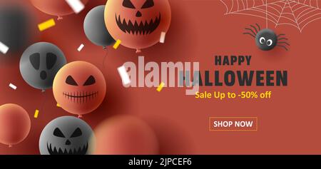 Halloween background poster with scary faces on 3d round balloons, orange and red colors Stock Vector