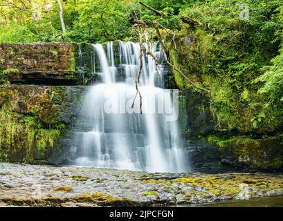 Sgwd Clun-Gwyn Waterfall, Four Waterfalls Walk, Brecon Beacons, Wales, England Stock Photo