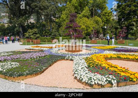 GENOA, ITALY, APRIL, 28, 2022 - Flower arrangements at Euroflora 2022 in Genoa, international floriculture festival, in Genoa Nervi parks, Italy. Stock Photo